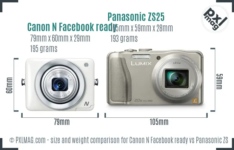 Canon N Facebook ready vs Panasonic ZS25 size comparison