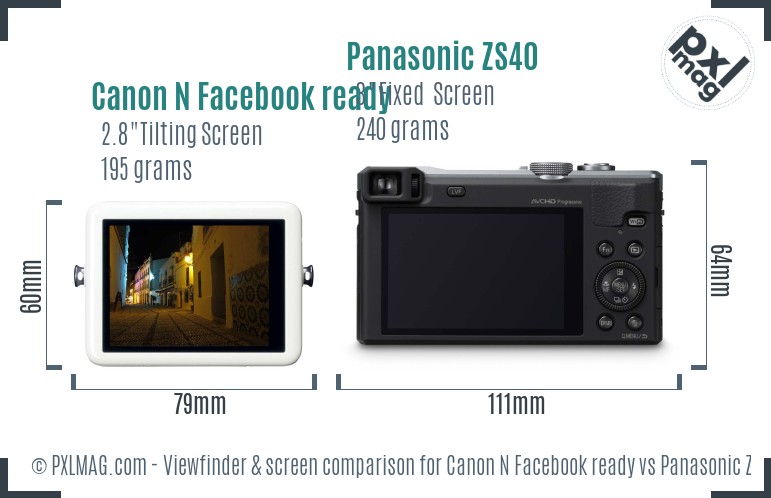Canon N Facebook ready vs Panasonic ZS40 Screen and Viewfinder comparison