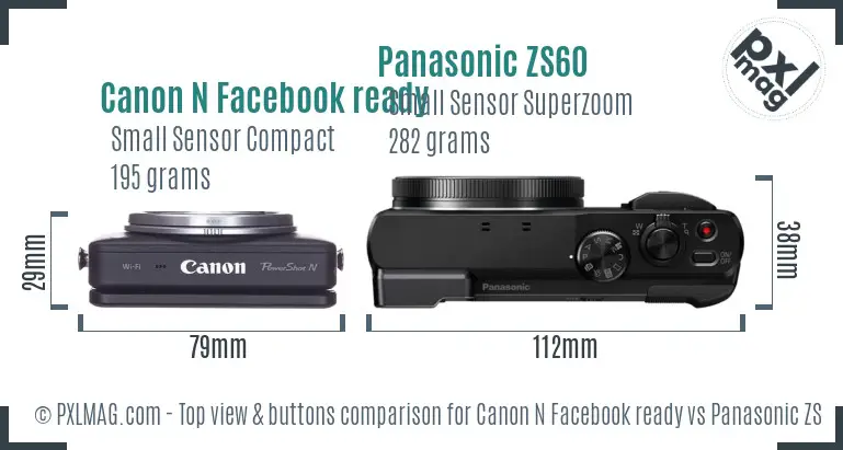 Canon N Facebook ready vs Panasonic ZS60 top view buttons comparison Canon N Facebook ready vs Panasonic ZS60 top view buttons comparison