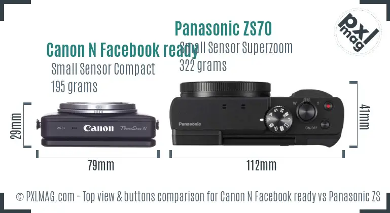 Canon N Facebook ready vs Panasonic ZS70 top view buttons comparison
