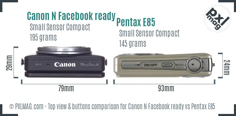 Canon N Facebook ready vs Pentax E85 top view buttons comparison