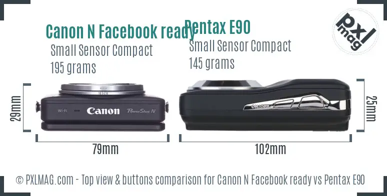 Canon N Facebook ready vs Pentax E90 top view buttons comparison