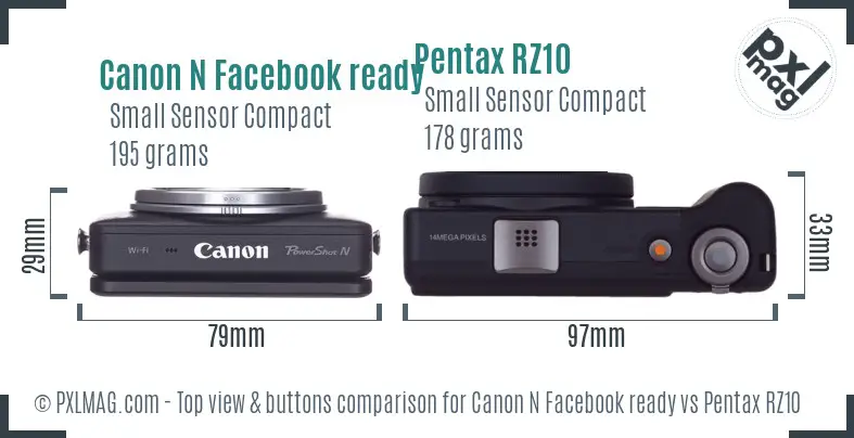 Canon N Facebook ready vs Pentax RZ10 top view buttons comparison
