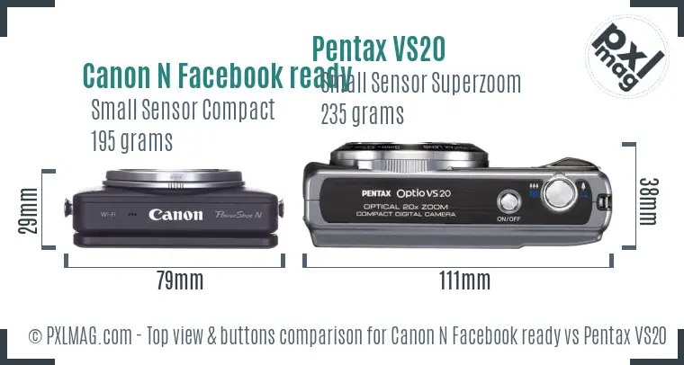 Canon N Facebook ready vs Pentax VS20 top view buttons comparison