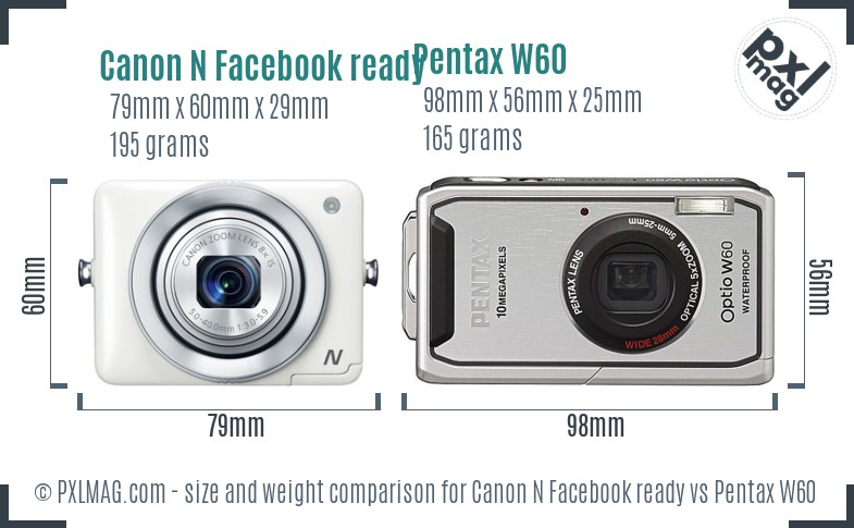 Canon N Facebook ready vs Pentax W60 size comparison