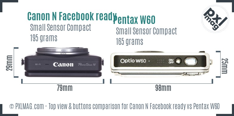 Canon N Facebook ready vs Pentax W60 top view buttons comparison