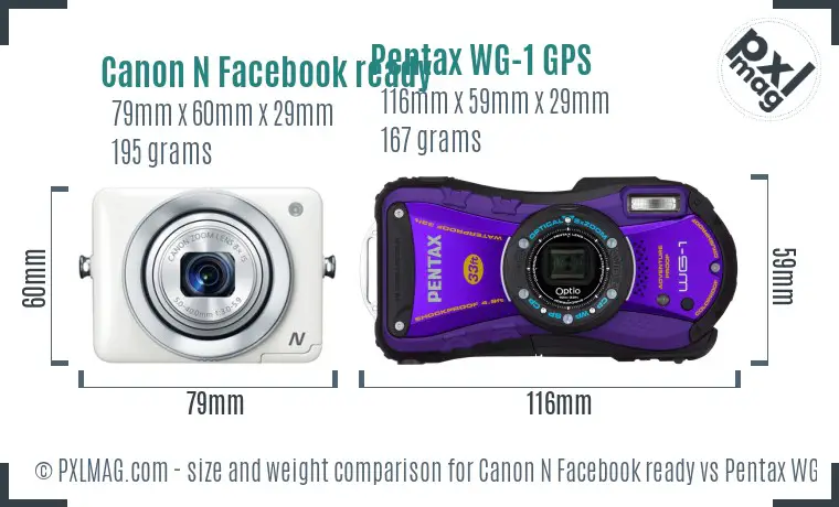 Canon N Facebook ready vs Pentax WG-1 GPS size comparison