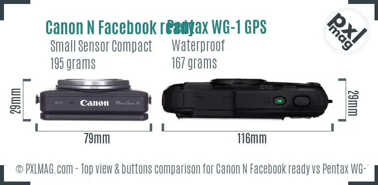 Canon N Facebook ready vs Pentax WG-1 GPS top view buttons comparison