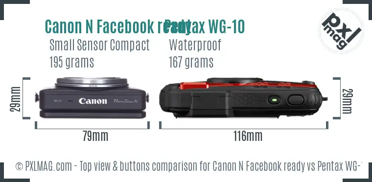 Canon N Facebook ready vs Pentax WG-10 top view buttons comparison