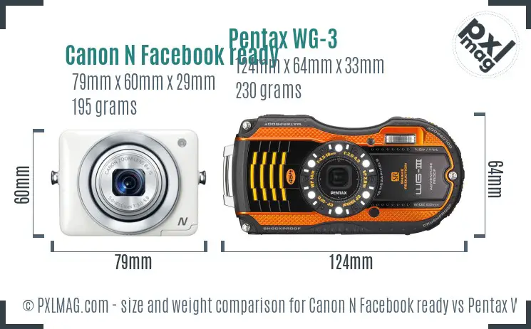 Canon N Facebook ready vs Pentax WG-3 size comparison