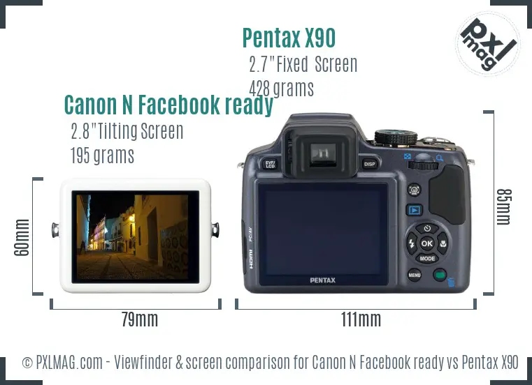 Canon N Facebook ready vs Pentax X90 Screen and Viewfinder comparison