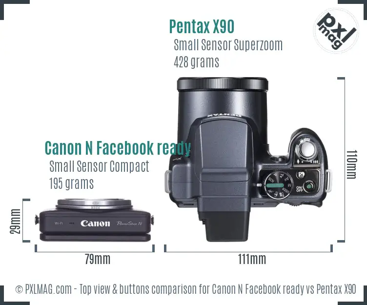 Canon N Facebook ready vs Pentax X90 top view buttons comparison
