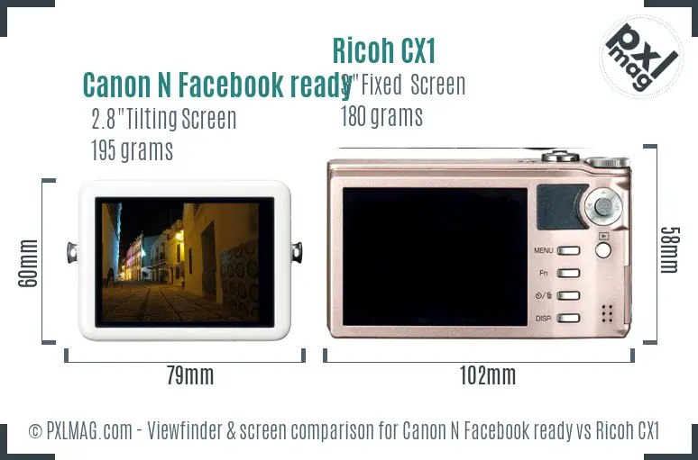 Canon N Facebook ready vs Ricoh CX1 Screen and Viewfinder comparison