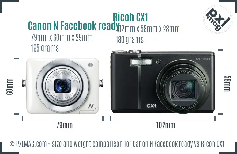 Canon N Facebook ready vs Ricoh CX1 size comparison