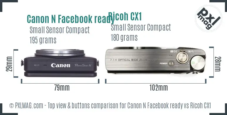 Canon N Facebook ready vs Ricoh CX1 top view buttons comparison