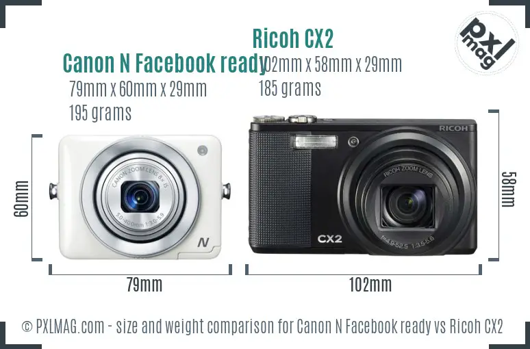 Canon N Facebook ready vs Ricoh CX2 size comparison