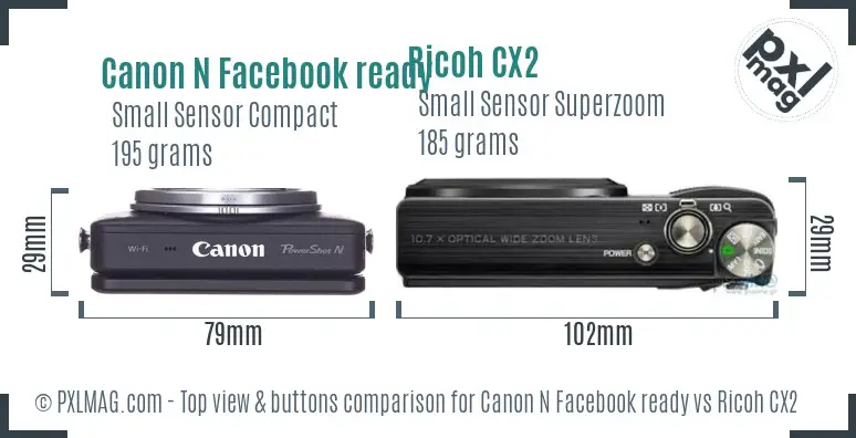 Canon N Facebook ready vs Ricoh CX2 top view buttons comparison