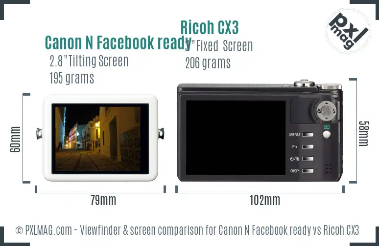 Canon N Facebook ready vs Ricoh CX3 Screen and Viewfinder comparison