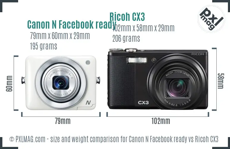 Canon N Facebook ready vs Ricoh CX3 size comparison
