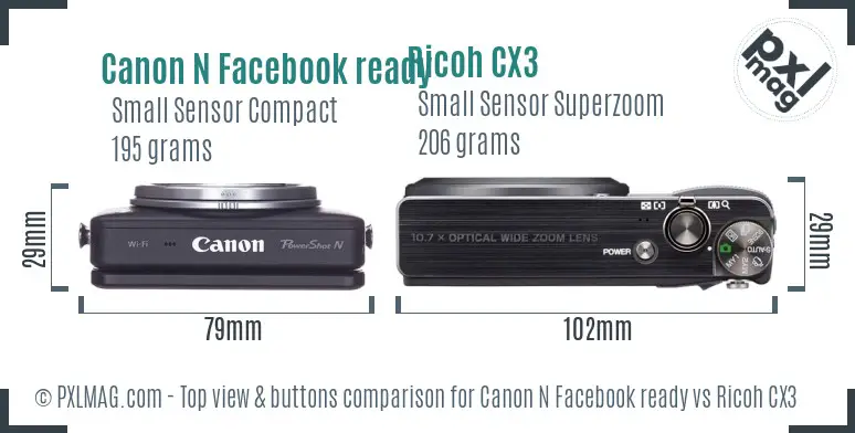 Canon N Facebook ready vs Ricoh CX3 top view buttons comparison