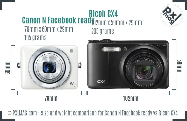 Canon N Facebook ready vs Ricoh CX4 size comparison