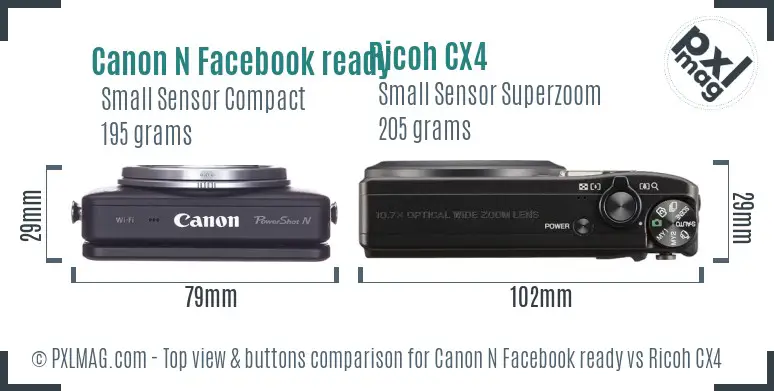 Canon N Facebook ready vs Ricoh CX4 top view buttons comparison