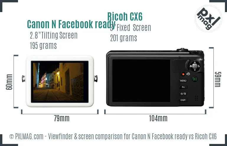 Canon N Facebook ready vs Ricoh CX6 Screen and Viewfinder comparison