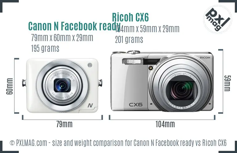 Canon N Facebook ready vs Ricoh CX6 size comparison