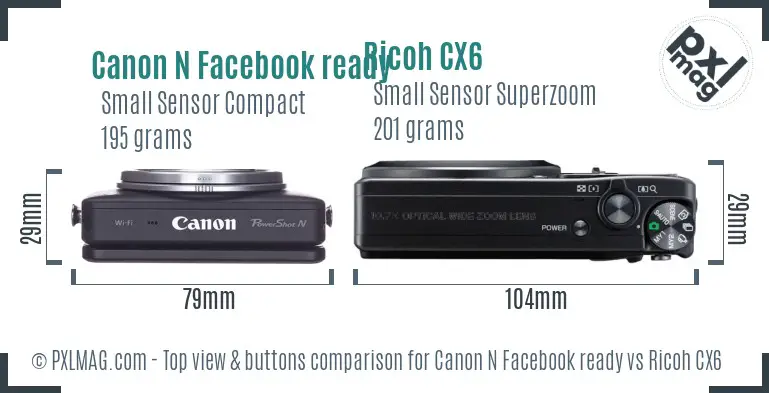 Canon N Facebook ready vs Ricoh CX6 top view buttons comparison