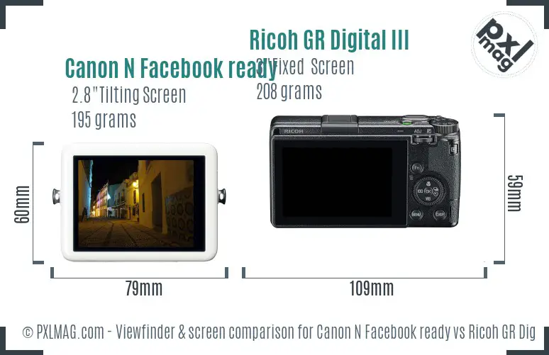 Canon N Facebook ready vs Ricoh GR Digital III Screen and Viewfinder comparison