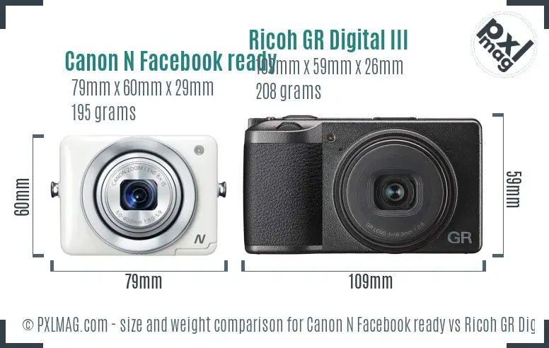 Canon N Facebook ready vs Ricoh GR Digital III size comparison