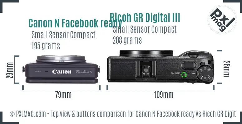 Canon N Facebook ready vs Ricoh GR Digital III top view buttons comparison