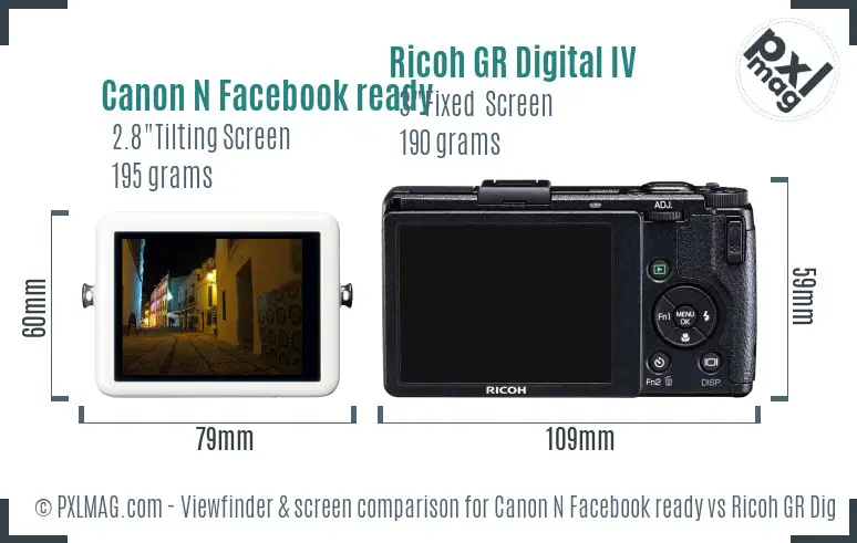 Canon N Facebook ready vs Ricoh GR Digital IV Screen and Viewfinder comparison