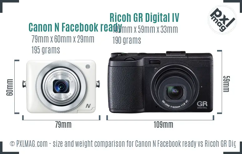 Canon N Facebook ready vs Ricoh GR Digital IV size comparison