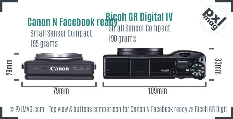 Canon N Facebook ready vs Ricoh GR Digital IV top view buttons comparison