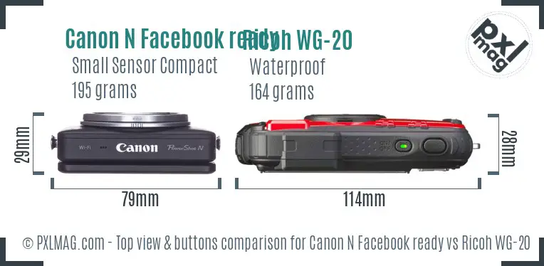 Canon N Facebook ready vs Ricoh WG-20 top view buttons comparison Canon N Facebook ready vs Ricoh WG-20 top view buttons comparison