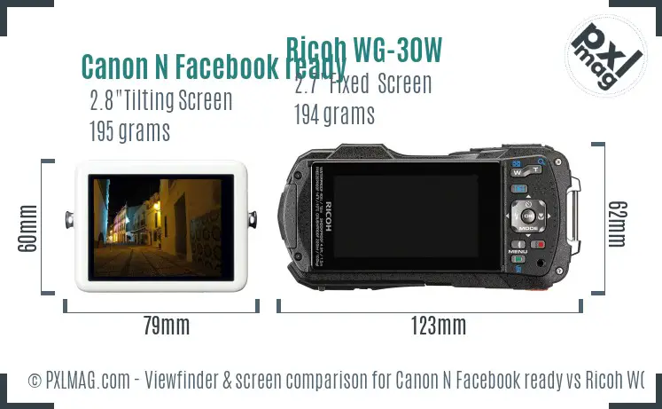 Canon N Facebook ready vs Ricoh WG-30W Screen and Viewfinder comparison