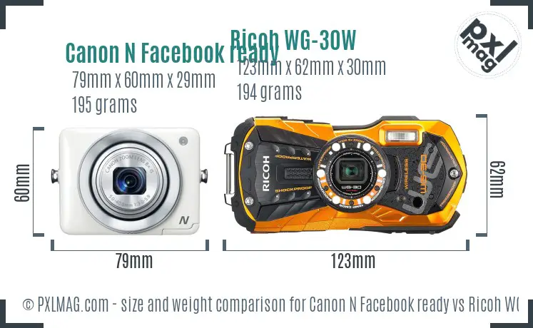 Canon N Facebook ready vs Ricoh WG-30W size comparison