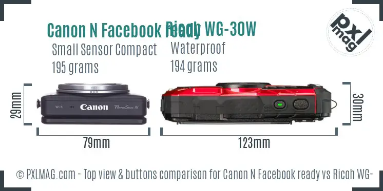 Canon N Facebook ready vs Ricoh WG-30W top view buttons comparison