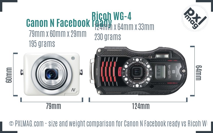 Canon N Facebook ready vs Ricoh WG-4 size comparison