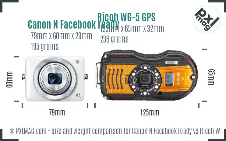 Canon N Facebook ready vs Ricoh WG-5 GPS size comparison