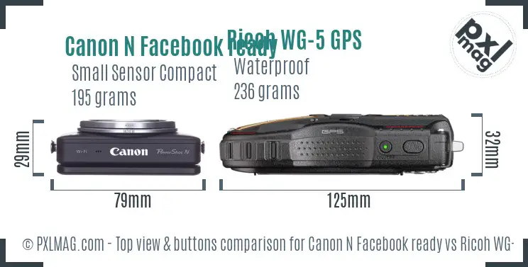 Canon N Facebook ready vs Ricoh WG-5 GPS top view buttons comparison
