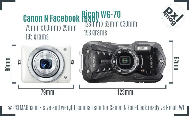 Canon N Facebook ready vs Ricoh WG-70 size comparison