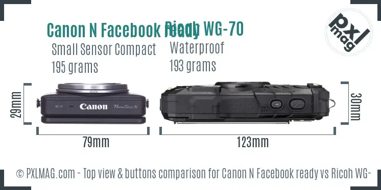 Canon N Facebook ready vs Ricoh WG-70 top view buttons comparison