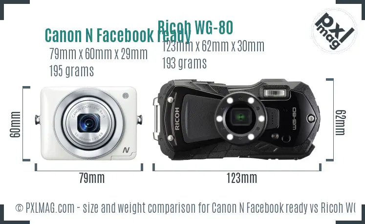 Canon N Facebook ready vs Ricoh WG-80 size comparison