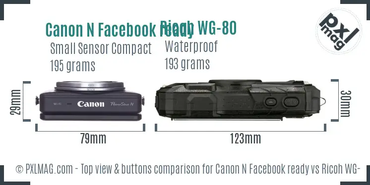 Canon N Facebook ready vs Ricoh WG-80 top view buttons comparison