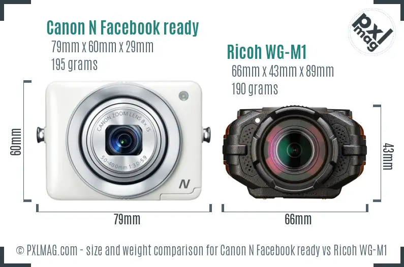 Canon N Facebook ready vs Ricoh WG-M1 size comparison