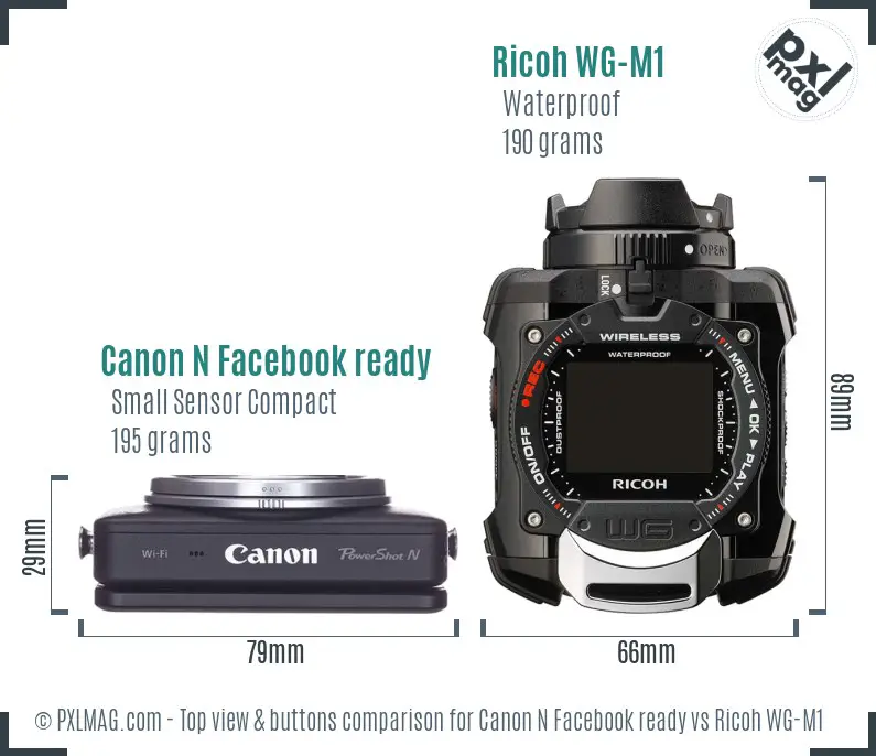 Canon N Facebook ready vs Ricoh WG-M1 top view buttons comparison