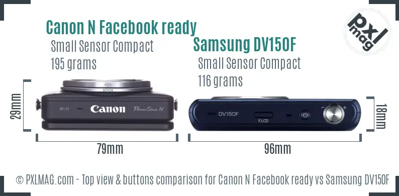 Canon N Facebook ready vs Samsung DV150F top view buttons comparison