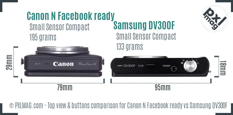 Canon N Facebook ready vs Samsung DV300F top view buttons comparison